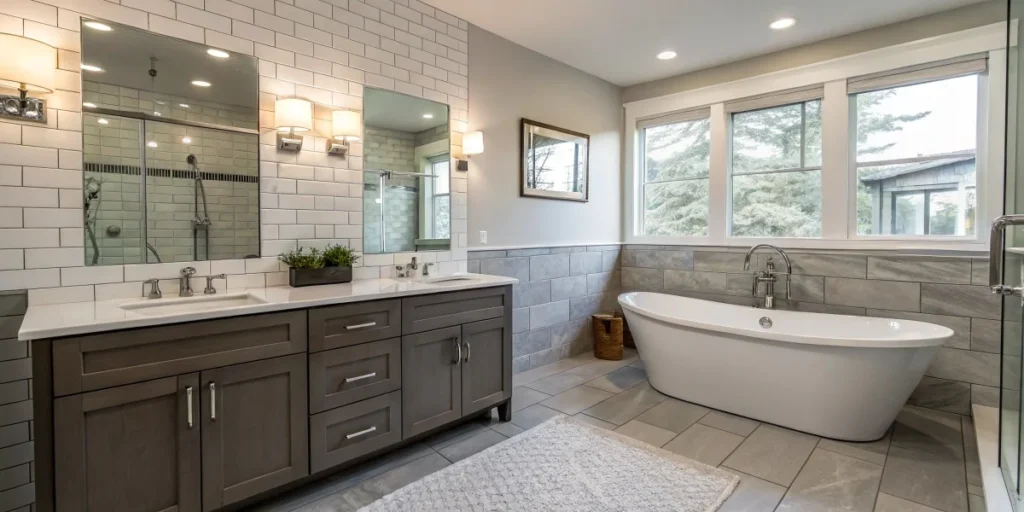 Modern bathroom with customizable countertop heights for various needs.