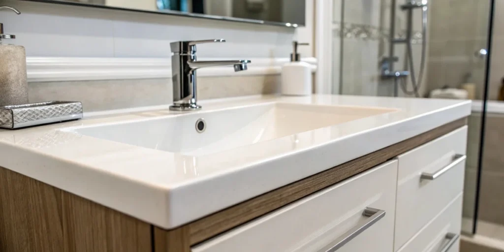 Close-up of a floating sink vanity with polished, clean surfaces