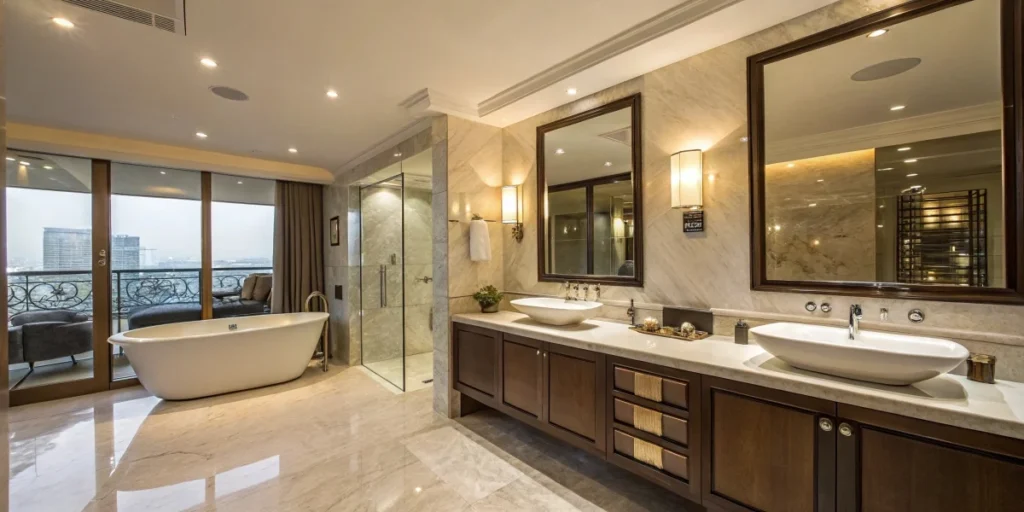 Luxurious bathroom with double sinks and adjustable counters.