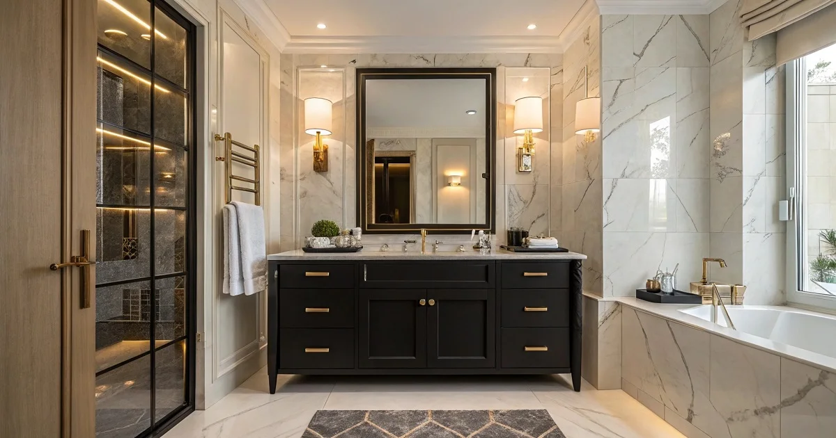 black bathroom vanity Luxurious black bathroom vanity with marble countertop and contemporary fixtures in a modern bathroom setting