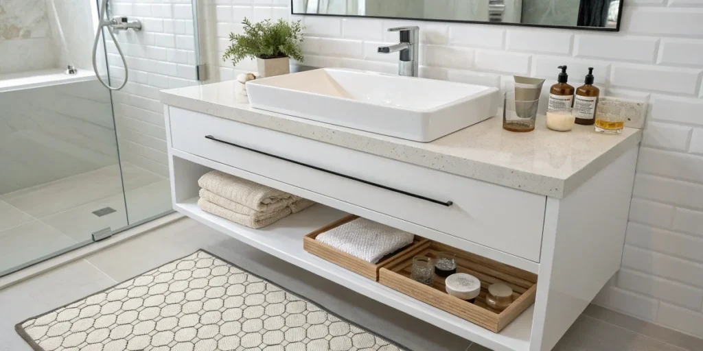 Floating sink vanity with protective mat and coasters to prevent scratches.