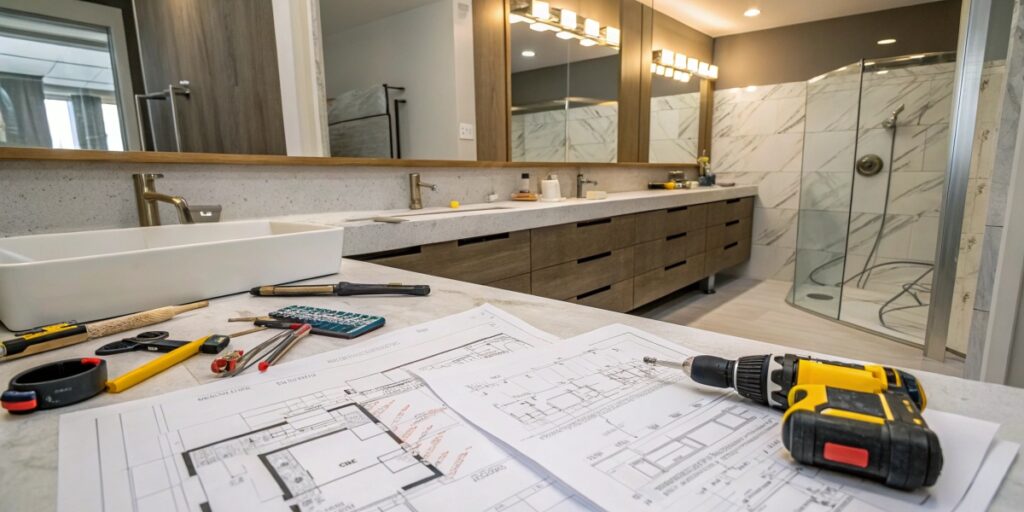 Bathroom renovation with countertop installation in progress.