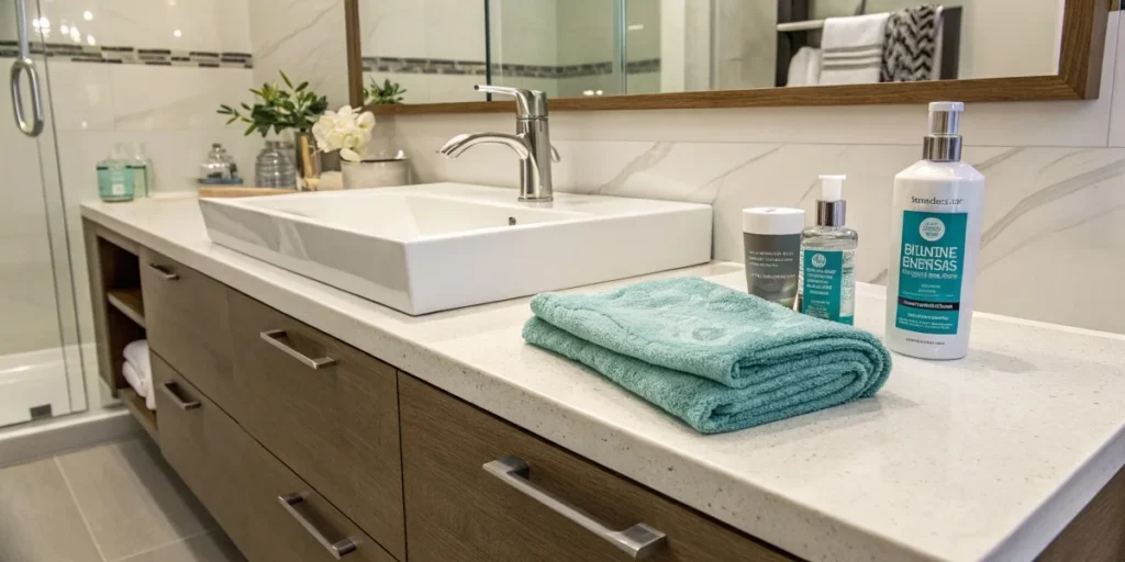 Floating sink vanity with cleaning supplies for daily maintenance.