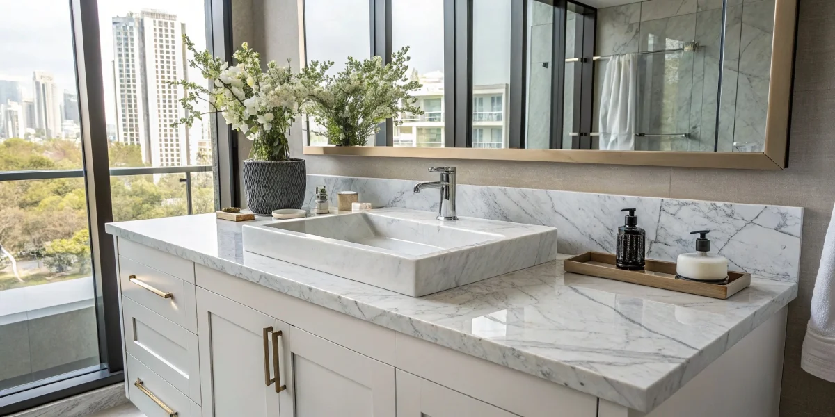 Modern bathroom with a marble countertop at standard height.