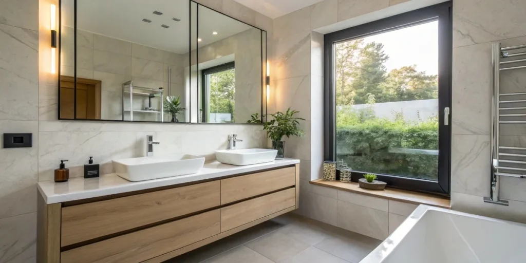 Bathroom with floating sink vanity and good ventilation to prevent humidity damage.