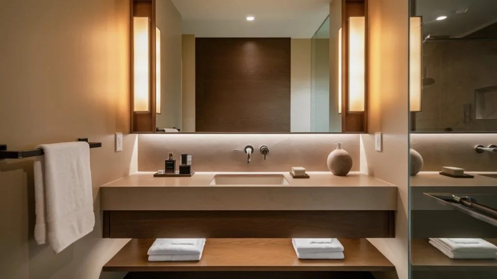 Luxurious bathroom with double sinks and adjustable counters.