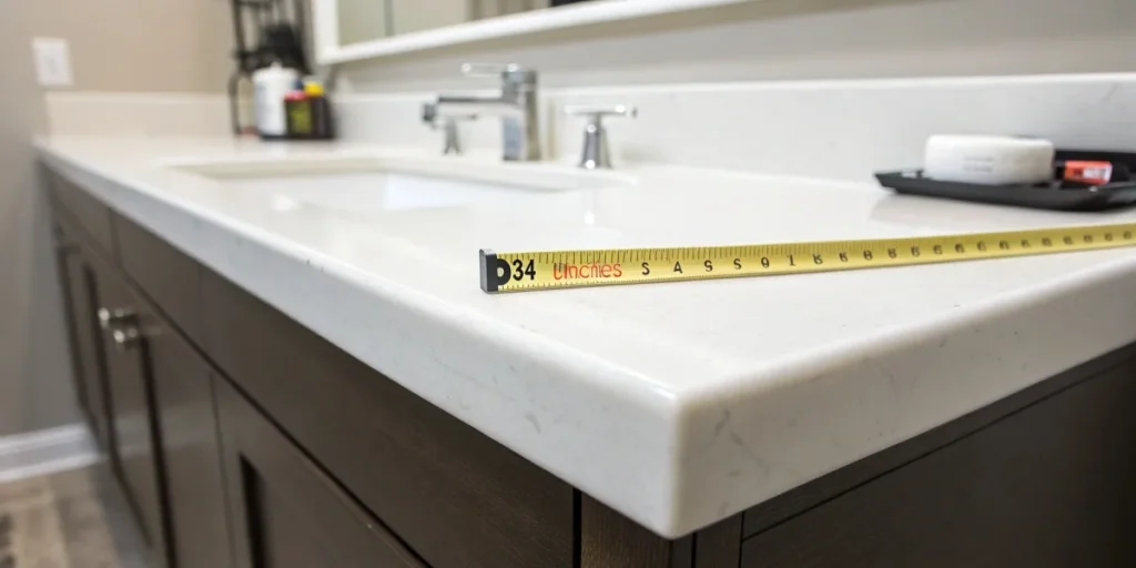 Minimalistic bathroom counter with a measuring tape showing 34 inches.