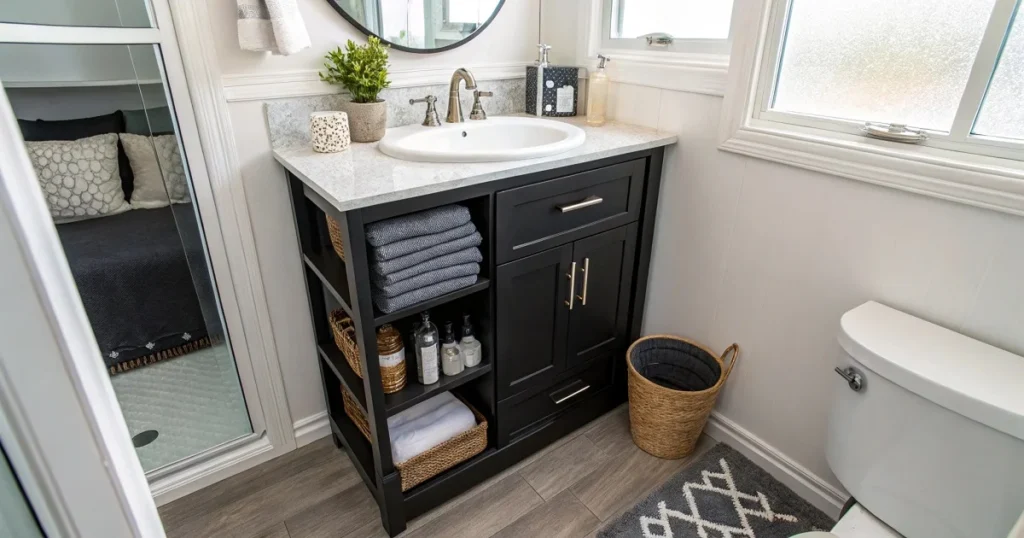 black bathroom vanity with sink