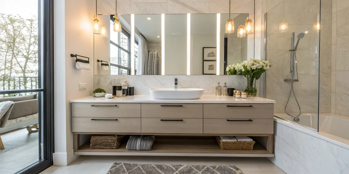 Modern bathroom with a floating sink vanity showcasing minimalist design.