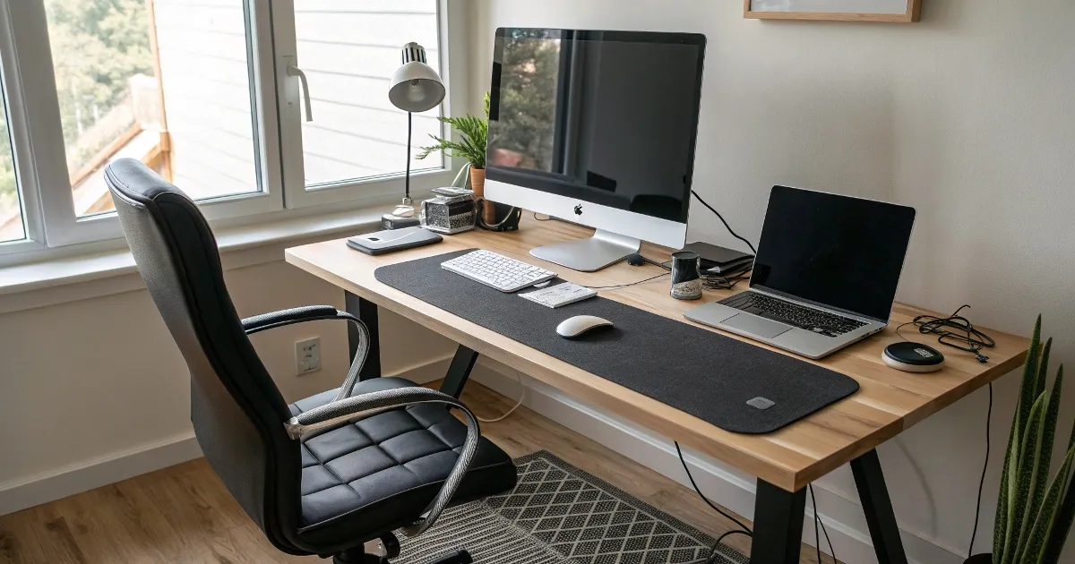 Split-screen comparison showing cluttered makeshift home workspace with laptop on kitchen table and tangled cables on left, versus organized home office with proper desk setup and cable management on right