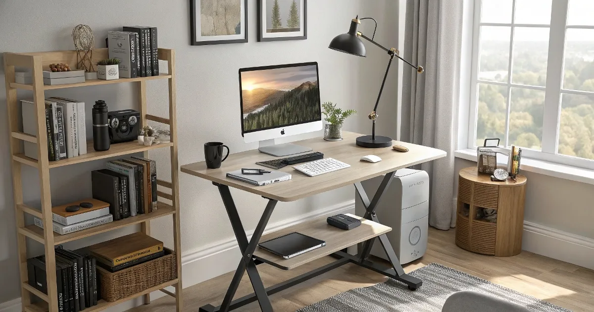 Realistic home office setup with dual monitors, ergonomic accessories, and organized workspace